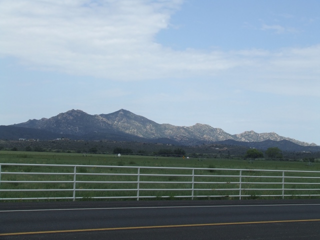 Green pasture land with a white fence in the foreground and a barren mountain behind